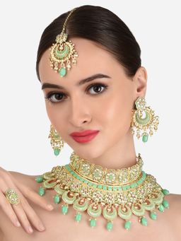 Zaveri Pearls - Green Bridal Choker Necklace Earring Maangtikka and Ring -ZPFK12482 (Set of 4)