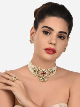 Zaveri Pearls - Green & Pink Kundan Multistrand Choker Necklace Earring & Ring Set-ZPFK12231