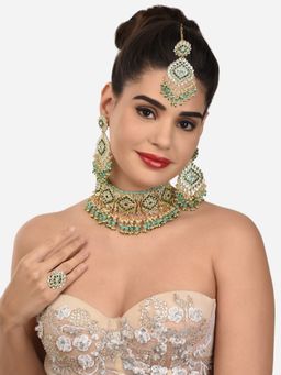 Zaveri Pearls - Green Kundan & Beads Ethnic Choker Necklace Earring & Ring Set-ZPFK12634