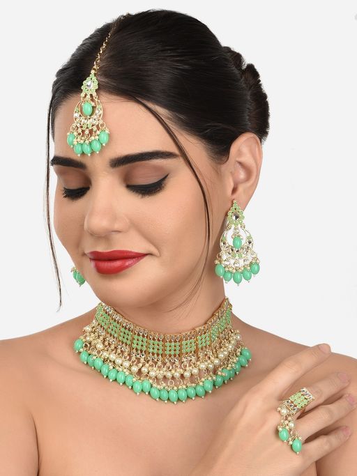Zaveri Pearls Green Stones & Beads Choker Necklace Earring Maangtikka & Ring Set-ZPFK12733