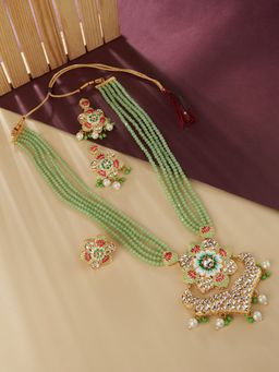 Zaveri Pearls - Green & Pink Meenakari Multistrand Bridal Necklace Earring & Ring Set-ZPFK12908