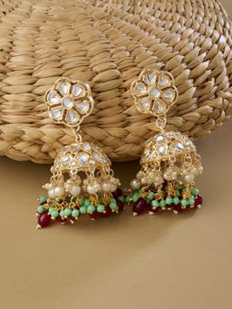 Zaveri Pearls - Green & Maroon Beads Traditional Kundan Jhumki Earring-ZPFK13551