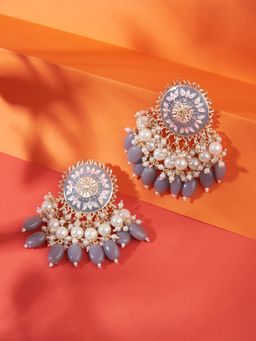 Zaveri Pearls - Grey Meenakari Cluster Pearls & Beads Layered Drops Earring-ZPFK13582
