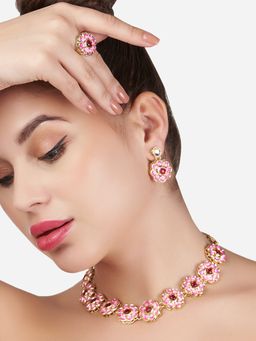 Zaveri Pearls - Pink Meenakri Flowers Kundan Necklace Earring & Ring Set-ZPFK13203 (Set of 3)