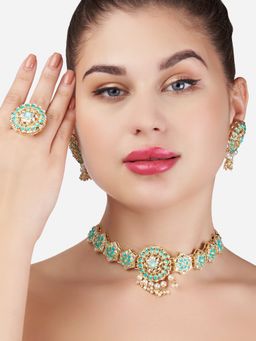 Zaveri Pearls - Turquoise & Green Stones Studded Flower Choker Necklace Earring & Ring Set (Set of 3)