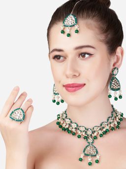 Zaveri Pearls - Green Beaded Dazzling Kundan Necklace Earring Maangtikka & Ring Set (Set of 4)