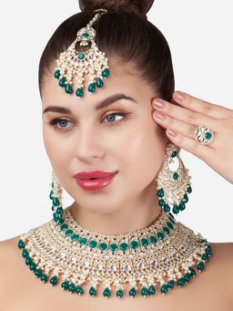 Zaveri Pearls - Green Bridal Kundan Necklace Earring Maangtikka & Ring Set-ZPFK13170