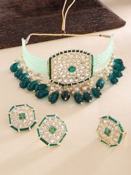 Zaveri Pearls - Green Crystals Multistrand Choker Necklace Earring & Ring Set-ZPFK13801