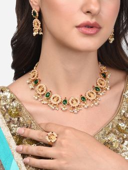 Zaveri Pearls - Green & Pink Goddess Laxmi Temple Necklace Earring & Ring Set-ZPFK13804