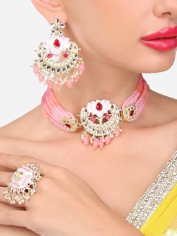 Zaveri Pearls - Pink Enamel Lotus Multistrand Choker Necklace Earring & Ring Set-ZPFK13806