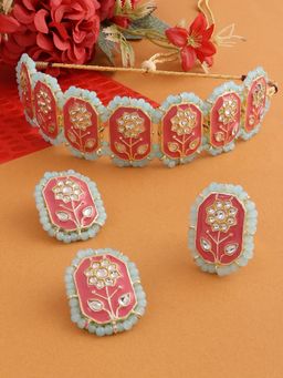 Zaveri Pearls - Pink Meenakari Flower Turquoise Choker Necklace Earring & Ring Set-ZPFK13973