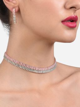 Zaveri Pearls - Green & Pink Baguette Cubic Zirconia Party Necklace & Earring Set-ZPFK14026