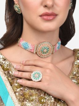 Zaveri Pearls - Pink & Turquoise Beads Woven Choker Necklace Earring & Ring Set-ZPFK14040