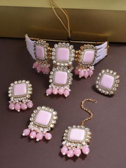 Zaveri Pearls - Pink Multistrand Choker Necklace Earring Maangtikka & Ring Set-ZPFK14147