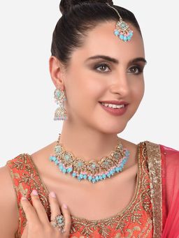 Zaveri Pearls - Turquoise Blue & Pink Choker Necklace Earring Maangtikka & Ring-ZPFK14392 (Set of 4)