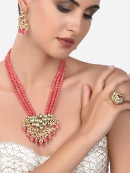 Zaveri Pearls - Pink Ethnic Kundan Cluster Pearls Drop Necklace Earring & Ring-ZPFK14401 (Set of 3)