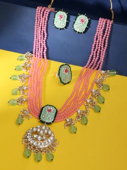 Zaveri Pearls - Enamelling Green & Pink Floral Necklace Earring & Ring-ZPFK14439 (Set of 3)