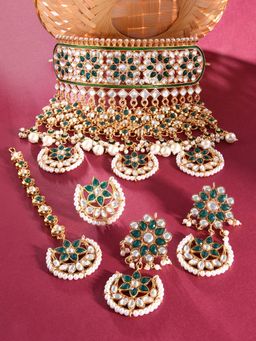 Zaveri Pearls - Green Rajasthani Choker Necklace Earring Maangtikka & Ring-ZPFK14476 (Set of 4)