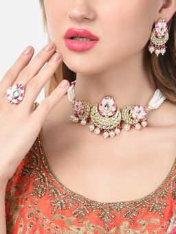 Zaveri Pearls - Pink Enamel Lotus Crescent Kundan Choker Necklace Earring & Ring Set-ZPFK14720