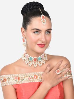 Zaveri Pearls - Multicolor Pearls Necklace Earring Ring & Maangtikka Set-ZPFK15364