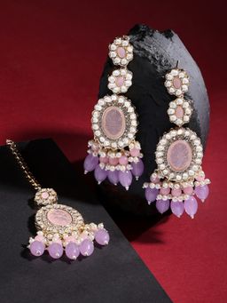 Zaveri Pearls - Pink Purple Stones Beads Kundan Earring & Maangtikka Set-ZPFK15455