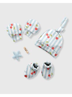 Cocoon Care - Bamboo Cotton Cherry Printed Cap With Mittens & Booties