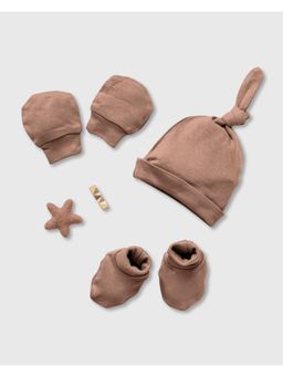 Cocoon Care - Bamboo Cotton Mocha Printed Cap With Mittens & Booties