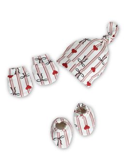 Cocoon Care - Bamboo Cotton Bowheart Printed Cap With Mittens & Booties