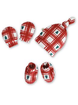 Cocoon Care - Bamboo Cotton Redchecks Printed Cap With Mittens & Booties