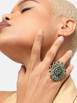 Sohi - Silver Plated Green Stone Studded Adjustable Finger Ring