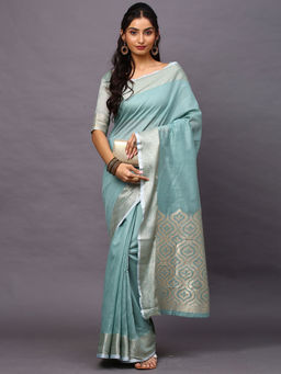 Akhilam - Women's Linen Blend Sea Green Woven Design Designer Saree with Unstitched Blouse