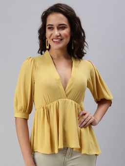 SHOWOFF - Women's Solid Peplum Yellow V-neck Top