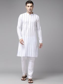 See Designs - Men White & Blue Pure Cotton Embroidered Straight Kurta