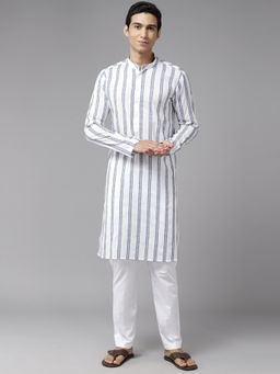 See Designs - Men White & Blue Pure Cotton Embroidered Straight Kurta