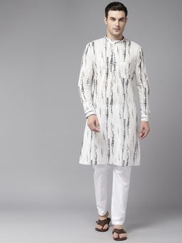 See Designs - Men White & Grey Pure Cotton Printed Straight Kurta