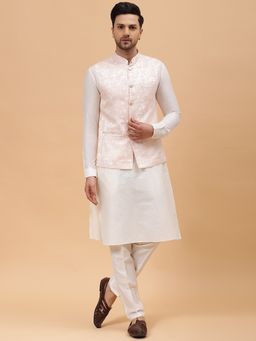 See Designs - Men Peach Woven Design Jacquard Nehru Jacket