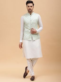 See Designs - Men Gold & Turquoise Blue Woven Design Jacquard Nehru Jacket