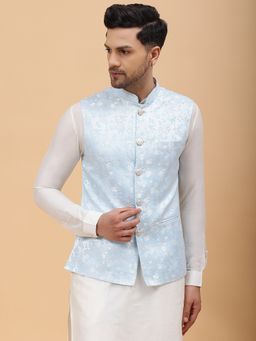 See Designs - Men Turquoise Blue & Gold Woven Design Jacquard Nehru Jacket