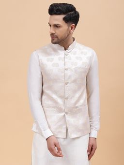 See Designs - Men Off White Kurta Pajama & Gold Woven Design Jacquard Nehru Jacket (Set of 3)