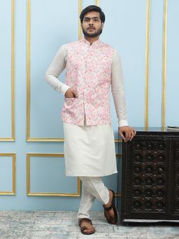 See Designs - Men Off White Kurta Pajama & Pink Digital Print Cotton Nehru Jacket (Set of 3)