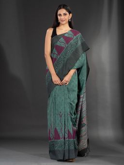CHARUKRITI - Green Handspun Cotton Hand Woven Soft Saree with Kotki Design with Unstitched Blouse