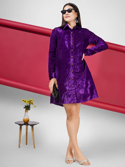 Angloindu - Purple Velvet Maternity Shirt Dress