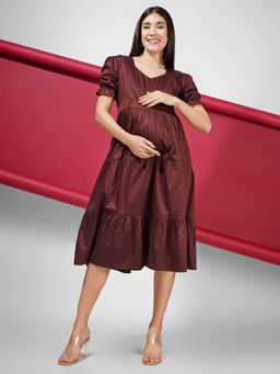 Angloindu - Brown Solid Maternity Feeding Dress