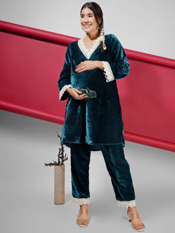 Angloindu - Teal Lace Detailed Maternity Kurta With Pant (Set of 2)