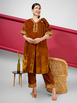 Angloindu - Gold Yellow Embroidered Maternity Kurta With Pant (Set of 2)