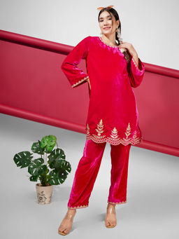 Angloindu - Pink Embroidered Maternity Kurta With Pant (Set of 2)