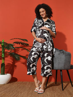 Angloindu - Black Printed Maternity Night Suit (Set of 2)