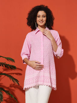 Angloindu - Pink Embroidered Maternity Shirt