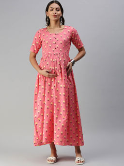 Swishchick - Pink Printed Fit and Flare Maternity Dress