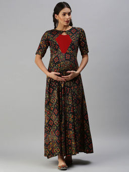 Swishchick - Black Printed Fit and Flare Maternity Dress